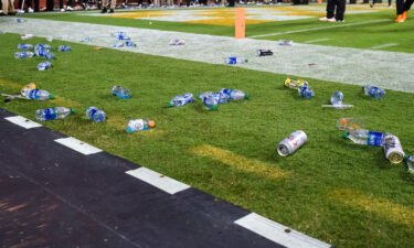 Debris is seen on the field after fans threw objects onto the field during the game between the Tennessee Volunteers and Mississippi Rebels at Neyland Stadium.