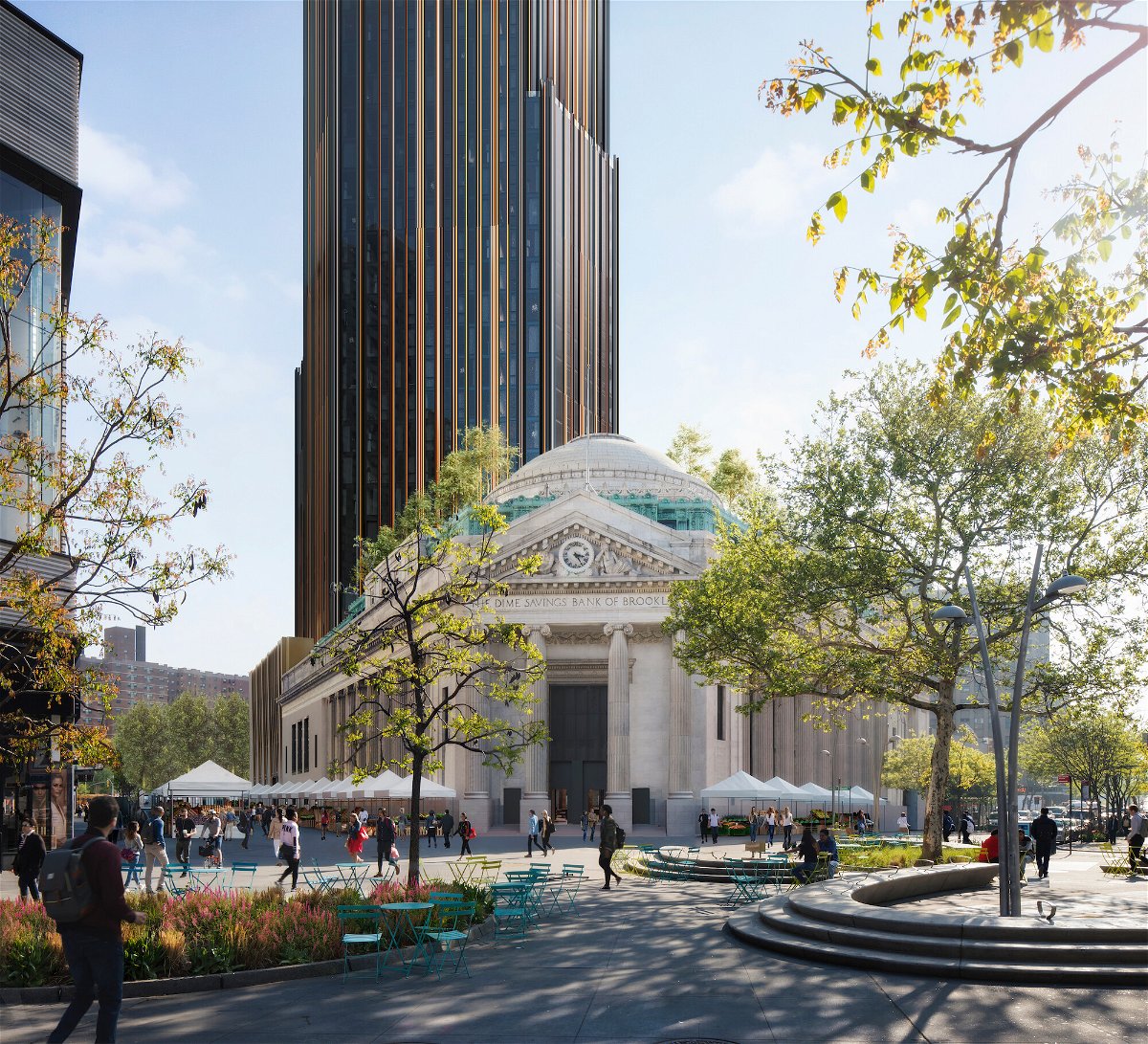 <i>JDS Development Group</i><br/>A rendering of The Brooklyn Tower along with the restored neoclassical Dime Savings Bank