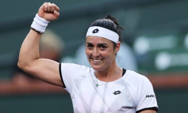 Ons Jabeur of Tunisia celebrates after her straight-sets victory against Anett Kontaveit of Estonia during their quarterfinal match at the BNP Paribas Open at the Indian Wells Tennis Garden.