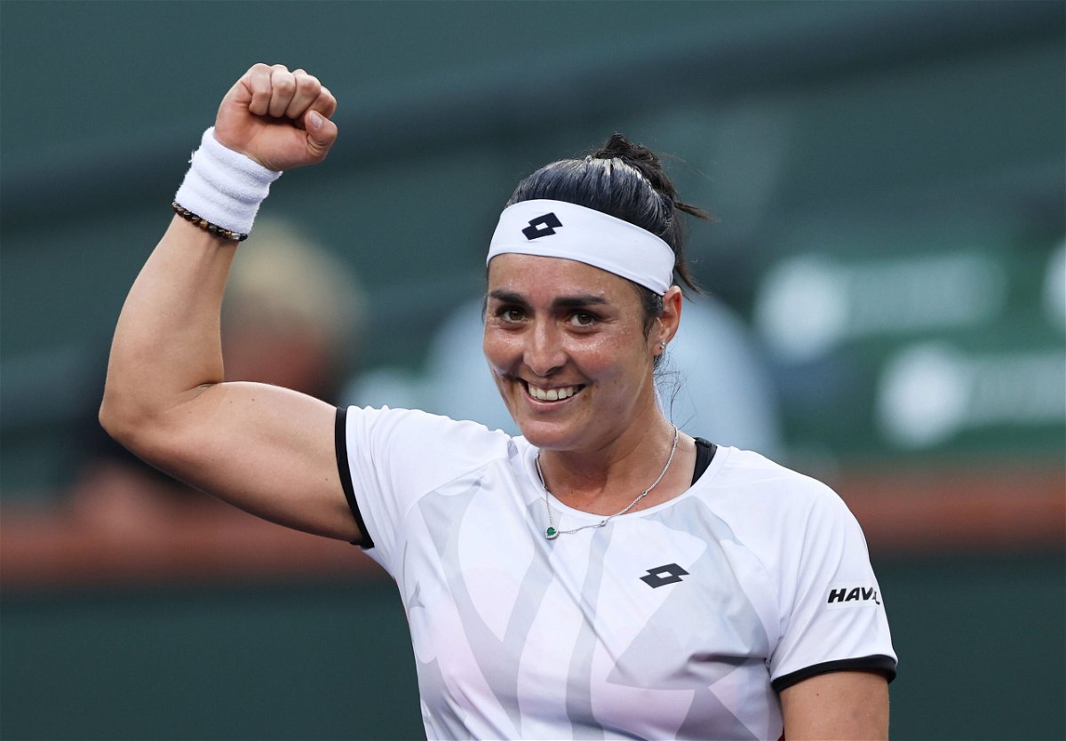 <i>Clive Brunskill/Getty Images</i><br/>Ons Jabeur of Tunisia celebrates after her straight-sets victory against Anett Kontaveit of Estonia during their quarterfinal match at the BNP Paribas Open at the Indian Wells Tennis Garden.