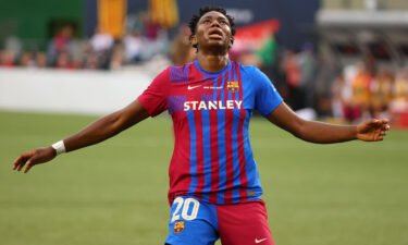 Asisat Oshoala #20 of FC Barcelona reacts after missing a shot attempt in the second half during the Women's International Champions Cup semifinal between Olympique Lyonnais and FC Barcelona at Providence Park on August 18