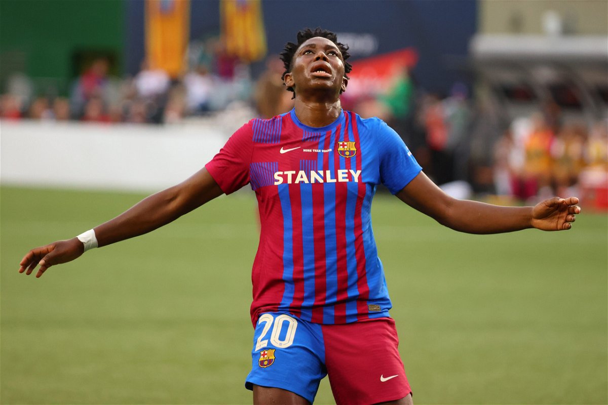 <i>Abbie Parr/Getty Images North America/Getty Images</i><br/>Asisat Oshoala #20 of FC Barcelona reacts after missing a shot attempt in the second half during the Women's International Champions Cup semifinal between Olympique Lyonnais and FC Barcelona at Providence Park on August 18