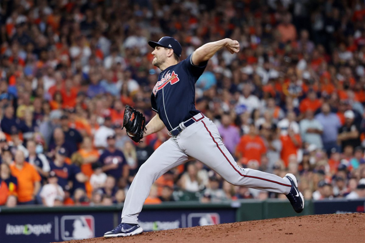 <i>Mary DeCicco/MLB Photos/Getty Images</i><br/>Dylan Lee of the Atlanta Braves pitches during Game 2 of the 2021 World Series.