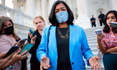 Rep. Pramila Jayapal (D-WA) speaks to reporters as she leaves the U.S. Capitol on Sept. 28 in Washington.