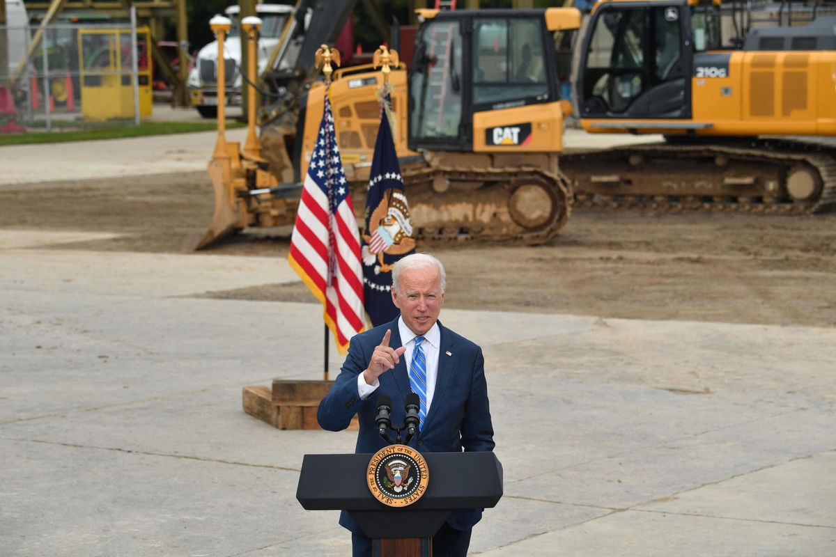 <i>NICHOLAS KAMM/AFP/Getty Images</i><br/>US President Joe Biden speaks about the bipartisan infrastructure bill and his Build Back Better agenda at the International Union of Operating Engineers Training Facility in Howell