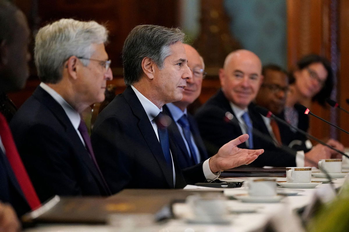 <i>PATRICK SEMANSKY/AFP/POOL/Getty Images</i><br/>US Secretary of State Antony Blinken (C) speaks during a working breakfast with Mexican President Andres Manuel Lopez Obrador (out of frame) at the National Palace in Mexico City