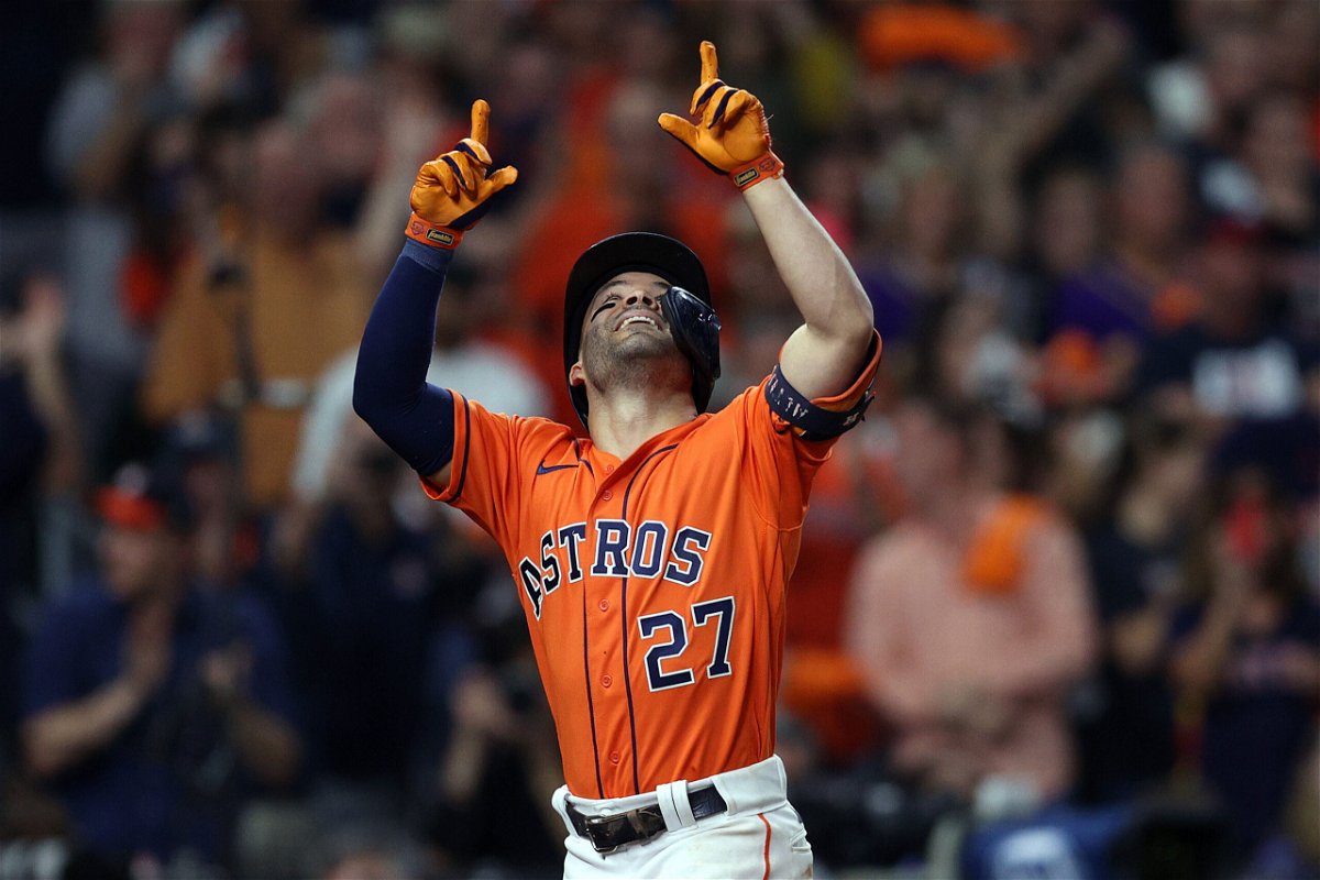 <i>Patrick Smith/Getty Images</i><br/>The Houston Astros beat the Atlanta Braves on Wednesday night. Jose Altuve here celebrates after hitting a home run against the Atlanta Braves.