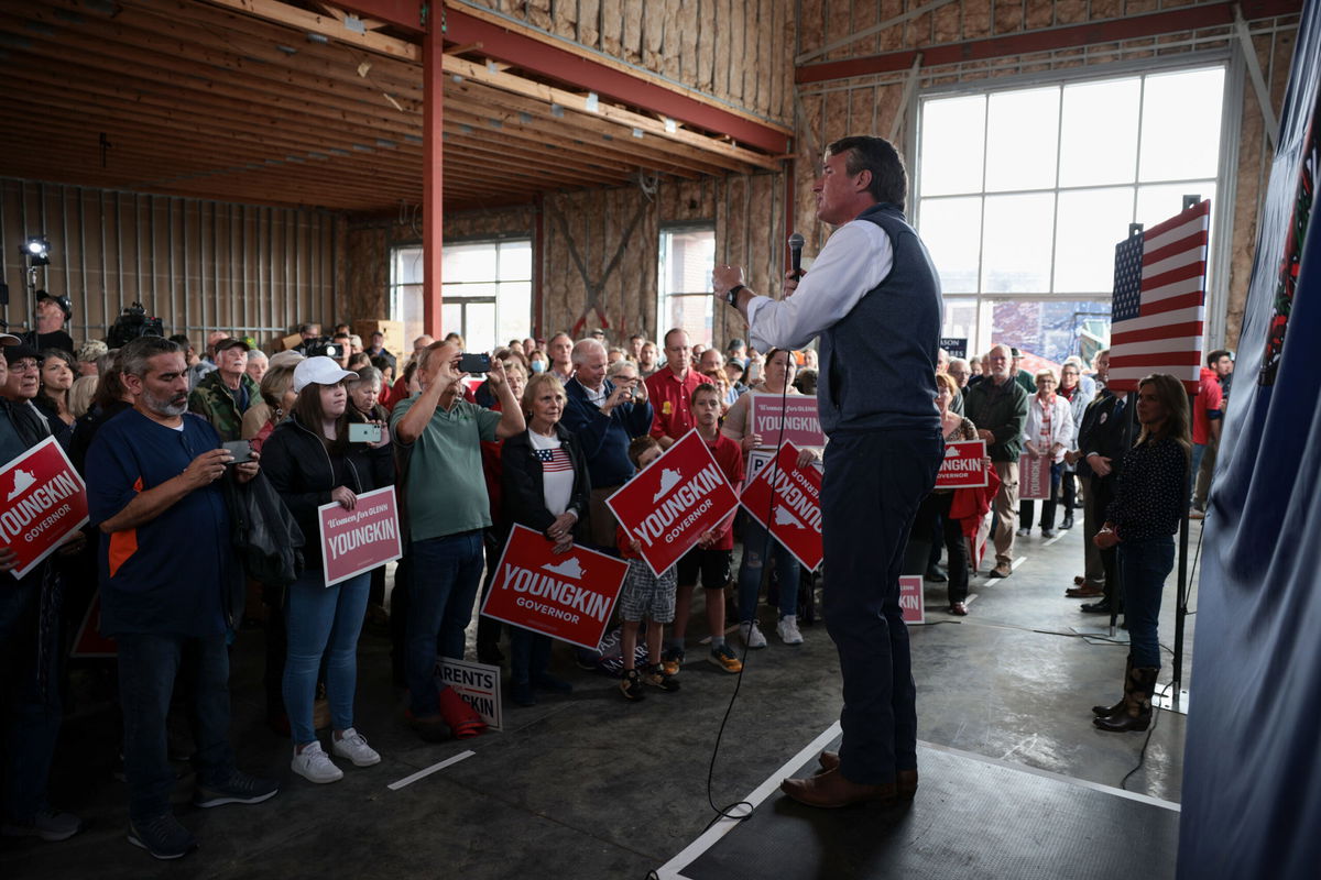 <i>Anna Moneymaker/Getty Images</i><br/>Virginia Republican gubernatorial candidate Glenn Youngkin gives remarks at a campaign event on October 29 in Charlottesville