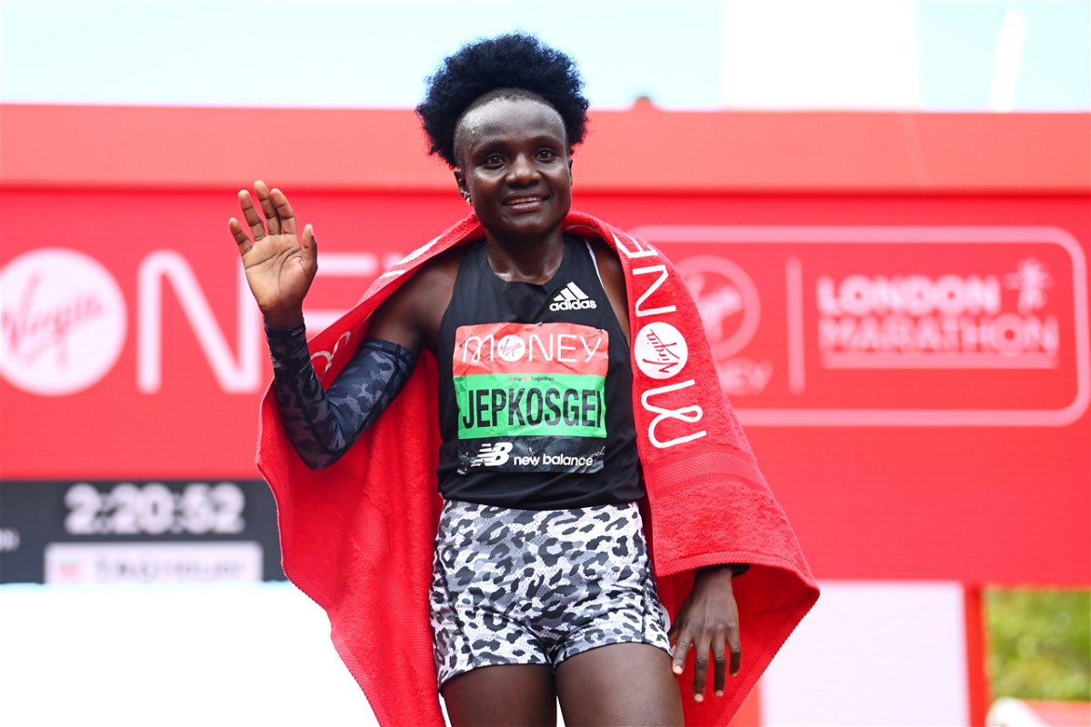 <i>Alex Davidson/Getty Images Europe/Getty Images</i><br/>Joyciline Jepkosgei won the women's elite face during the 2021 London Marathon on October 03.