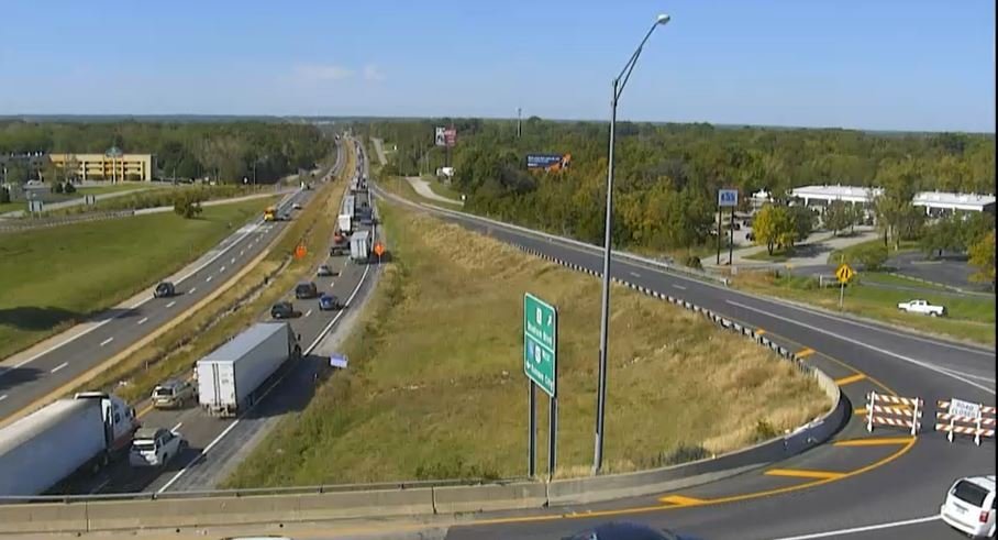 An image captured from a MoDOT traffic camera shows back ups from one lane being closed on I-70 at Sorrels Overpass on Tuesday, Oct. 19, 2021.