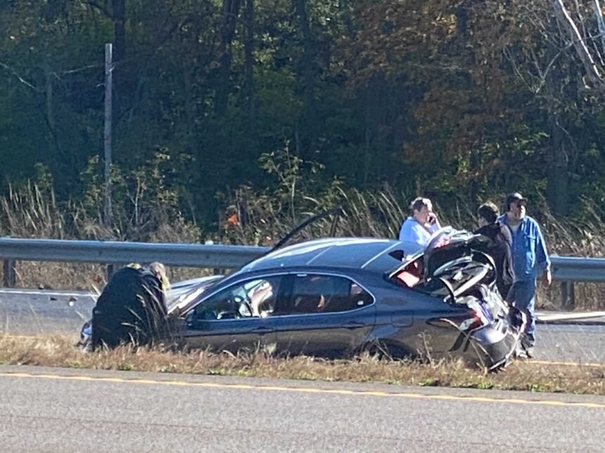 Vehicle damaged after wreck on I-70