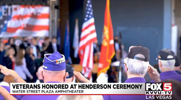 <i>KVVU</i><br/>Veterans salute the American flag during a November 7 ceremony in Henderson