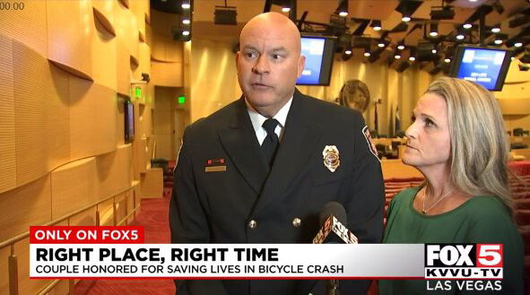 <i>KVVU</i><br/>John Martinolich and his wife Shelley at the Las Vegas Fire and Rescue awards ceremony on November 10. They each received awards for their efforts in assisting during an accident that killed five cyclists.