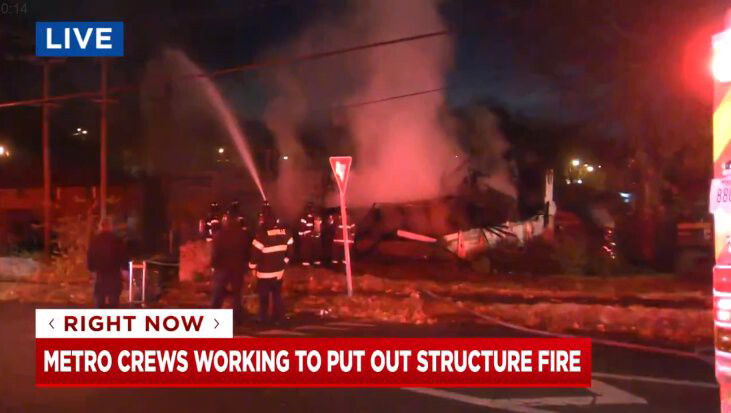 <i>WSMV</i><br/>Firefighters in Nashville put water on the smoldering ruins of a home on November 29. The home collapsed as a result of a fire.