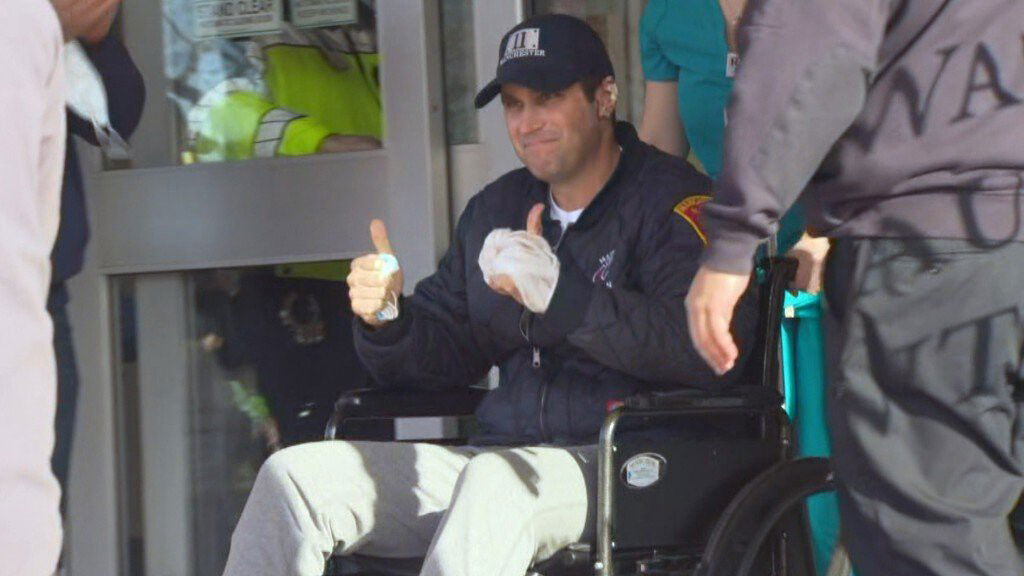 <i>WBZ</i><br/>Manchester Fire Captain Steve DesRuisseaux is released from Mass General Hospital.