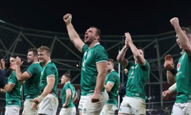 Ireland players celebrate their 29-20 victory over New Zealand in the international rugby union match between Ireland and New Zealand