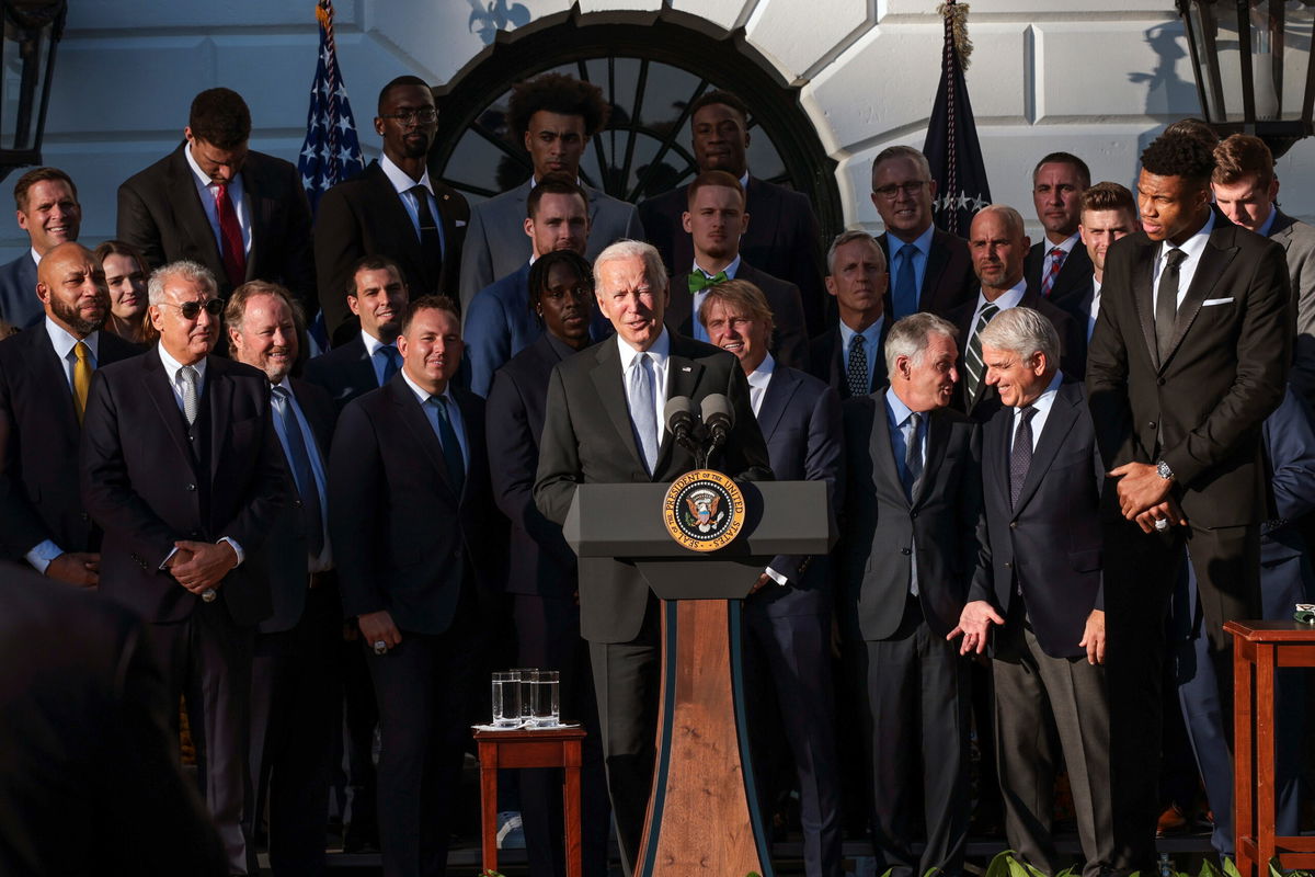 <i>Win McNamee/Getty Images</i><br/>President Joe Biden honored the NBA champion Milwaukee Bucks at a White House ceremony on Monday