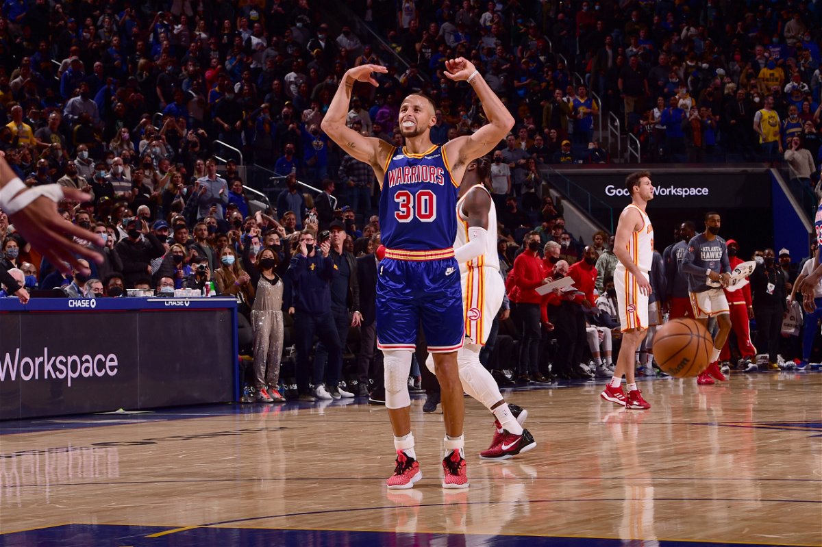 <i>Noah Graham/NBAE/Getty Images</i><br/>Steph Curry celebrates during the game against the Atlanta Hawks.