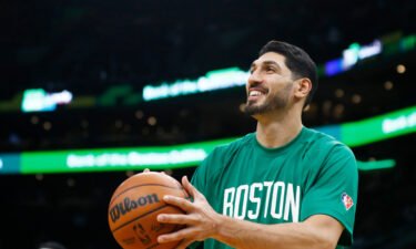 Enes Kanter #13 of the Boston Celtics reacts before the game against the Washington Wizards at TD Garden on October 27 in Boston