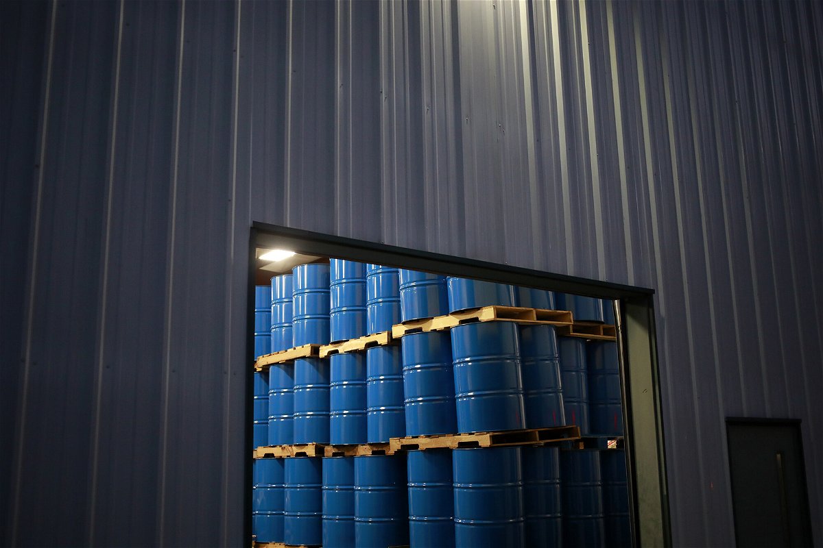 <i>Luke Sharrett/Bloomberg/Getty Images</i><br/>Oil drums stacked in a warehouse at Jacobi Oil Service Inc. in Floyds Knobs