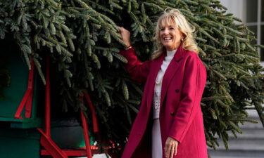 First lady Jill Biden receives the official 2021 White House Christmas tree at the White House on Nov. 22