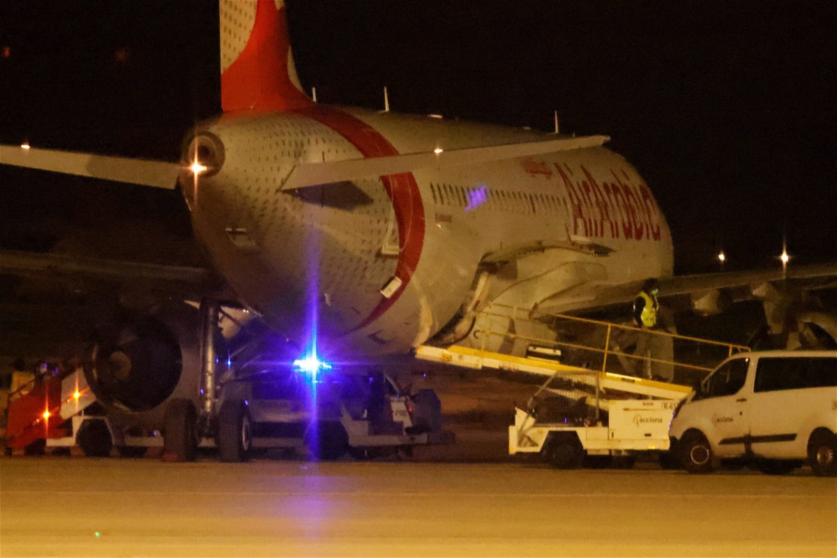 <i>Cati Clader/EPA-EFE/Shutterstock</i><br/>The AirArabia plane is pictured after making an emergency landing at Palma de Mallorca's Airport on November 5