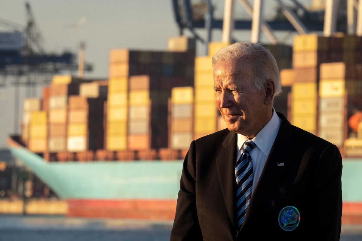 <i>Drew Angerer/Getty Images</i><br/>U.S. President Joe Biden speaks about the recently passed $1.2 trillion Infrastructure Investment and Jobs Act at the Port of Baltimore on November 10