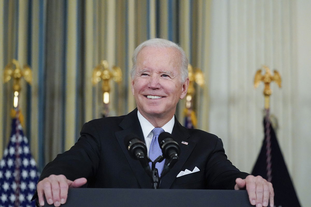 <i>Alex Brandon/AP</i><br/>President Joe Biden is expected to pardon turkeys Peanut Butter and Jelly this afternoon. Biden is shown here in the State Dinning Room of the White House