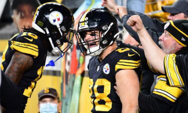 Pittsburgh Steelers tight end Pat Freiermuth (R) celebrates his touchdown with teammate wide receiver Diontae Johnson (L) against the Chicago Bears.