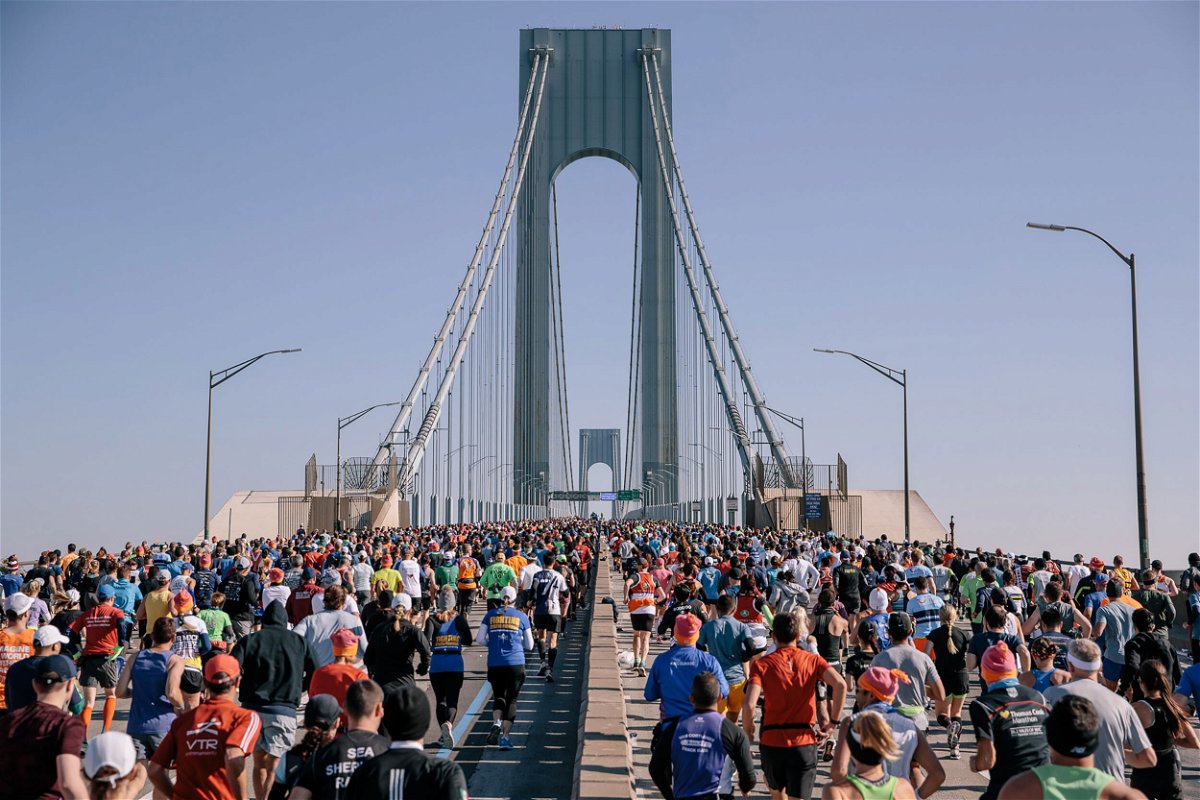 <i>Drew Levin/New York Road Runners/Getty Images</i><br/>Runners cross the the Verrazzano Bridge during the TCS New York City Marathon on November 3