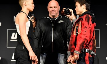 Namajunas and Zhang face off during the UFC 268 press conference.