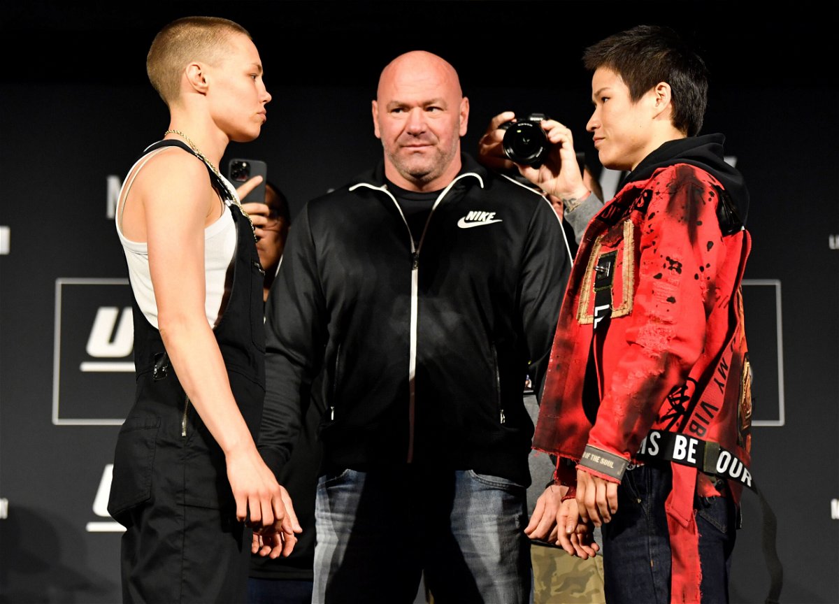 <i>Jeff Bottari/Zuffa LLC/Getty Images</i><br/>Namajunas and Zhang face off during the UFC 268 press conference.