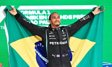 Lewis Hamilton celebrates winning on Sunday.