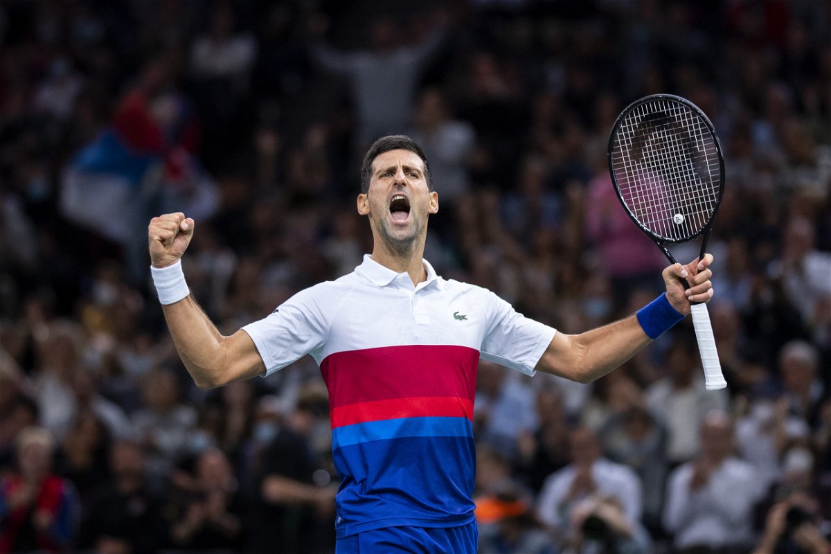 <i>Justin Setterfield/Getty Images Europe/Getty Images</i><br/>Novak Djokovic celebrates victory against Hurkacz at the Paris Masters.
