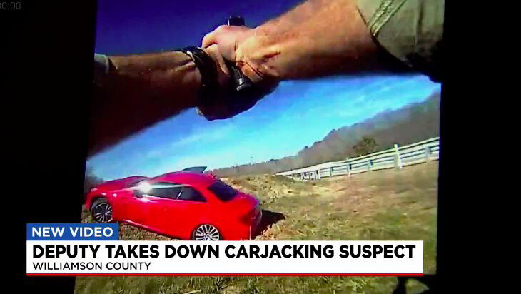 <i>Williamson Co. Sheriff/WSMV</i><br/>Body camera video from a Williamson County sheriff's deputy shows the moments a carjacking suspect was taken into custody along I-840 on Tuesday.