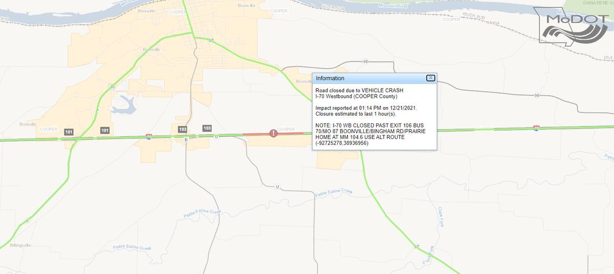 A screen capture from the MoDOT traveler map shows the location of a crash in Cooper County on Tuesday, Dec. 21, 2021.