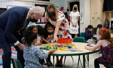 President Joe Biden talks to students during a visit to a Pre-K classroom at East End Elementary School in North Plainfield