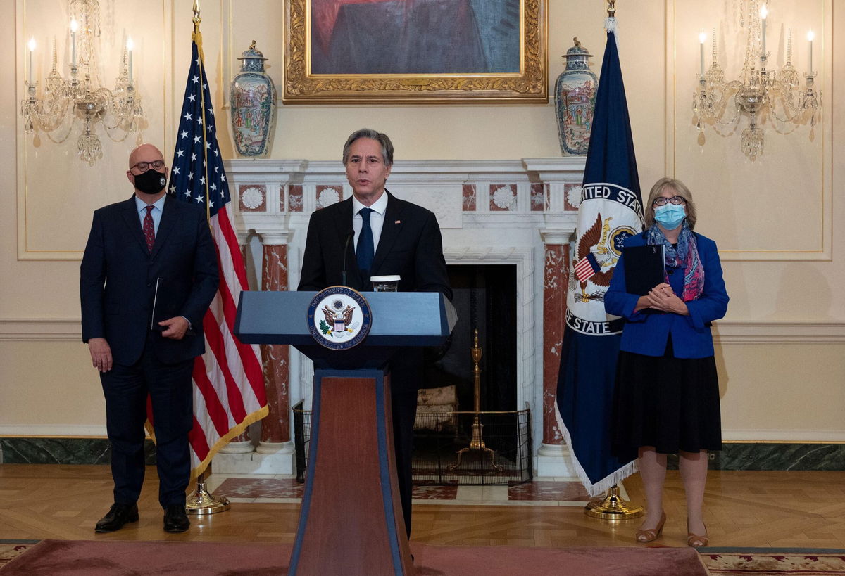 <i>ANDREW CABALLERO-REYNOLDS/AFP/POOL/Getty Images</i><br/>US Secretary of State Antony Blinken speaks during remarks on Havana syndrome in the Benjamin Franklin Room of the State Department in Washington on November 5.