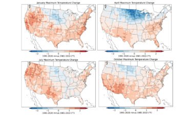 This preliminary set of maps from NOAA show the change in maximum temperature in the peak of each season between the old climate normals (1981-2010) and the new climate normals (1991-2020).