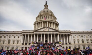 A large group of pro-Trump protesters stand on the East steps of the Capitol Building after storming its grounds on January 6 in Washington