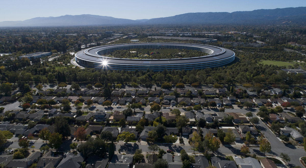 <i>Jane Tyska/MediaNews Group/The Mercury News/Getty Images</i><br/>Apple Park's spaceship campus is seen from this drone view in Sunnyvale