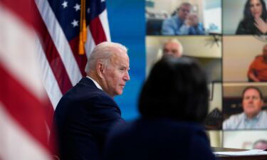 President Joe Biden participates in the White House COVID-19 Response Team's regular call with the National Governors Association in the South Court Auditorium in the Eisenhower Executive Office Building on the White House Campus on December 27.