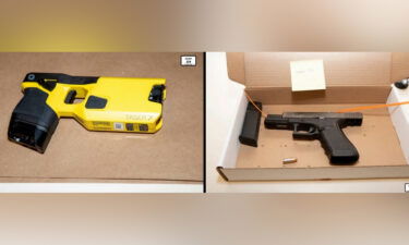 A Taser is shown on the left and a Glock to the right.