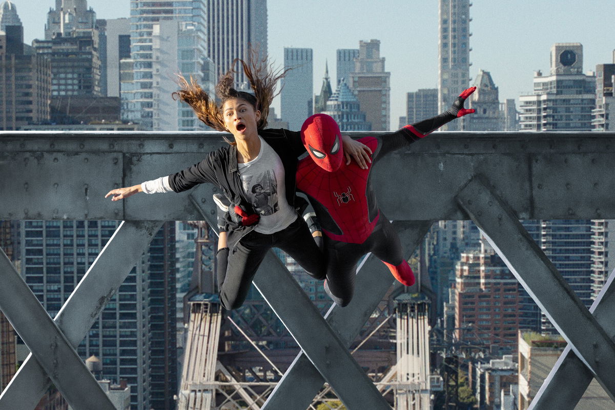 <i>Matt Kennedy/Sony Pictures</i><br/>MJ (Zendaya) and Spider-Man jump off the bridge in Columbia Pictures 'Spider-Man: No Way Home.'