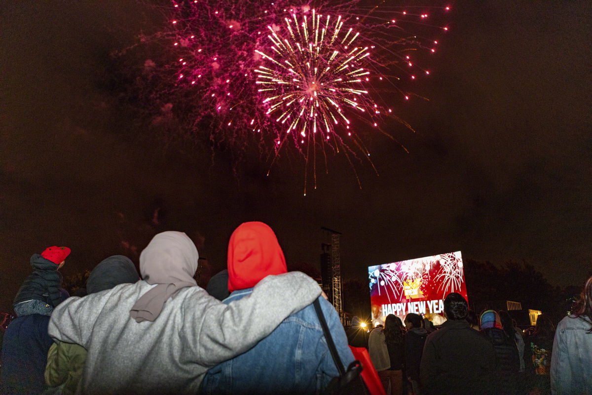 <i>Ernest Kung/AP</i><br/>Fireworks explode over Hagley Park in Christchurch