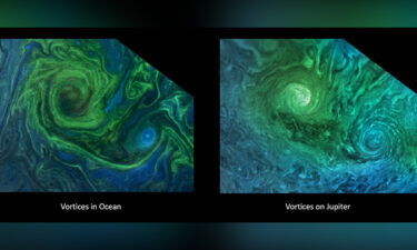 Oceanographers are using their expertise of ocean eddies to study the turbulence at Jupiter's poles and the physical forces that drive its large cyclones. Compare this image of a phytoplankton bloom in the Norwegian Sea (left) with turbulent clouds in Jupiter's atmosphere (right).