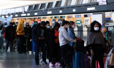 Passengers wait in line to check in for their flights at the Dulles International Airport in Dulles