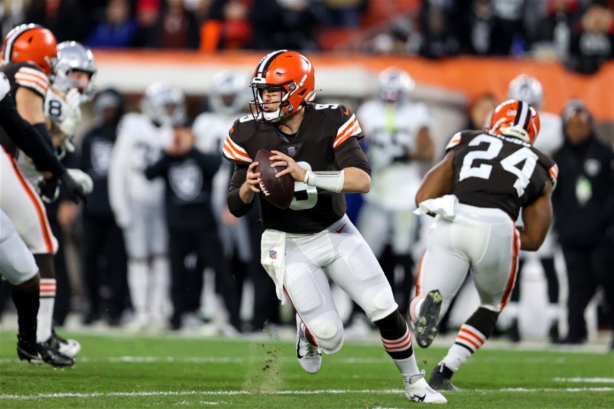 <i>Frank Jansky/Icon Sportswire/Getty Images</i><br/>The Las Vegas Raiders secured a last-second 16-14 victory over a Cleveland Browns team ravaged by Covid-19 absences to reignite their postseason dreams. Browns QB Nick Mullens (center) is seen here on December 20.