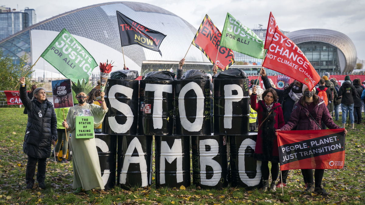 <i>Jane Barlow/PA Images via Getty Images</i><br/>Activists from Friends of the Earth during a demonstration in early November calling for an end to all new oil and gas projects in the North Sea.