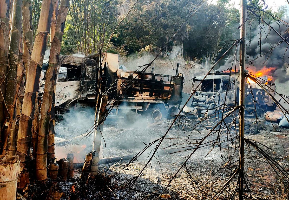 <i>KNDF/AP</i><br/>A photo provided by the Karenni Nationalities Defense Force (KNDF) shows smoke and flames in Hpruso township